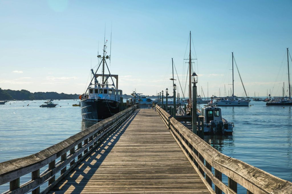 A tranquil scene at Port Jefferson Marina with docked boats under a clear blue sky.