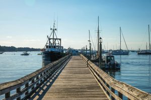 A tranquil scene at Port Jefferson Marina with docked boats under a clear blue sky.